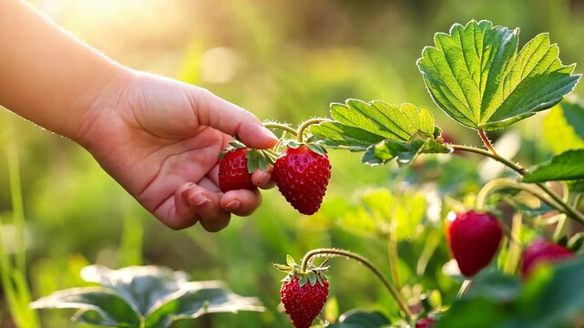 Picking strawberries in sunlit garden  child's hand reaches ripe fruit