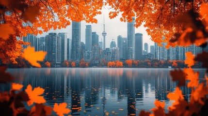A city skyline framed by fall foliage reflected in a still lake.