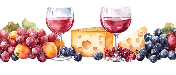 Two glasses of red wine with cheese, grapes and apricots.
