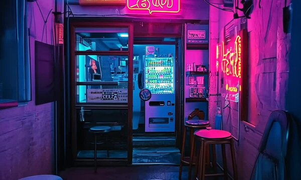 Vibrant alleyway with neon signs, empty stools, and a bustling vending machine in the background