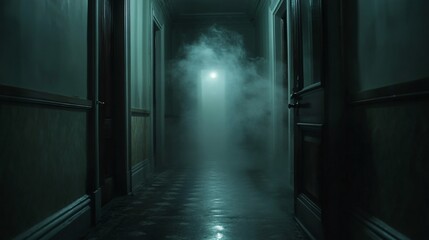 Enigmatic corridor shrouded in ethereal mist evokes suspenseful anticipation