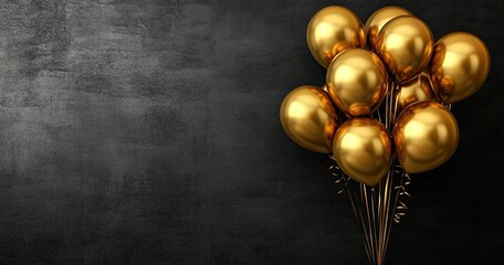 Golden Metallic Balloons Bunch with Ribbons on Textured Dark Background Rendering