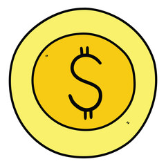 Hand drawn cartoon gold coin with dollar sign on white background.