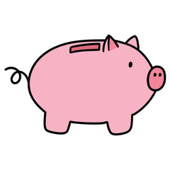 Hand drawn cartoon pink piggy bank on white background.