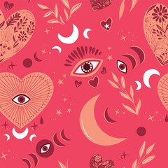 Mystical Eye and Moon Seamless Pattern – Boho Heart and Star Design on Red Background