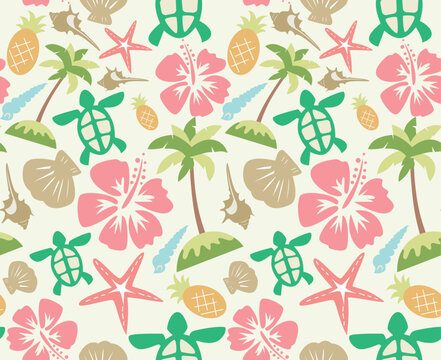 Tropical Beach Seamless Pattern &ndash; Hibiscus, Turtle, Pineapple, and Island Summer Design