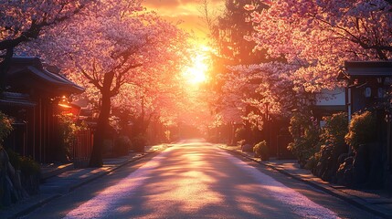 Serene Japanese Street Lined With Cherry Blossoms At Sunset Golden Hour Photo