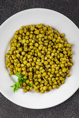 Green peas canned appetizer vegetables dish organic product fresh tasty gourmet food background on the table rustic food top view copy space keto and paleo diet vegetarian and vegan food