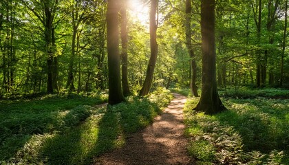 Obraz premium Sun Dappled Forest Path Lush Green Woodland