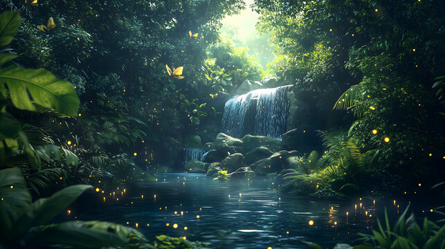 Magical Waterfall in a Lush Jungle with Glowing Fireflies