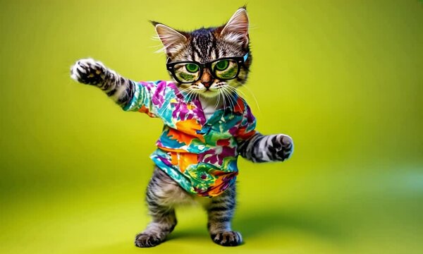 Cute playful cat wearing colorful shirt and stylish glasses dancing energetically on simple green background made with Generative AI technology