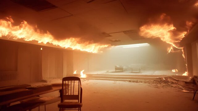 Abandoned house, surreal room consumed by ceiling fire, smoke billowing through empty liminal space filled with decay.
