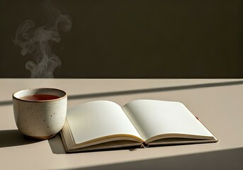 Fototapeta premium Serene Morning Tea and Open Book on Beige Table