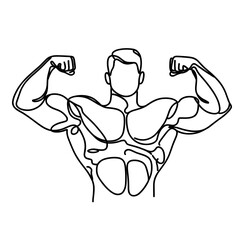 Bodybuilder flexing muscles in a minimalist line art style  
