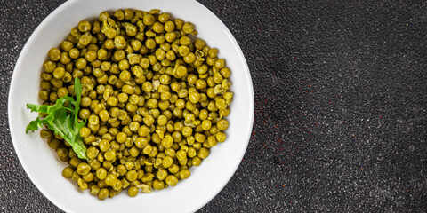 Green peas canned appetizer vegetables dish organic product fresh tasty gourmet food background on the table rustic food top view copy space keto and paleo diet vegetarian and vegan food