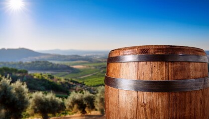 Naklejka premium close view of the top half of a wooden barrel with metal hoops placed on the side of the image over a mediterranean countryside landscape advertising mockup space for products