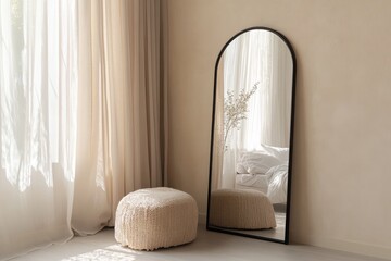 Minimalist bedroom corner with arched mirror and pouf