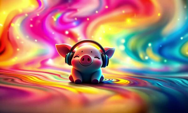 Cute cartoon pig wearing headphones happily bouncing to music against vibrant rainbow backdrop made with Generative AI technology