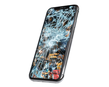 broken mobile phone screen displays intricate cracks and shattered glass, highlighting damage and fragility of modern technology. This evokes sense of loss and need for repair