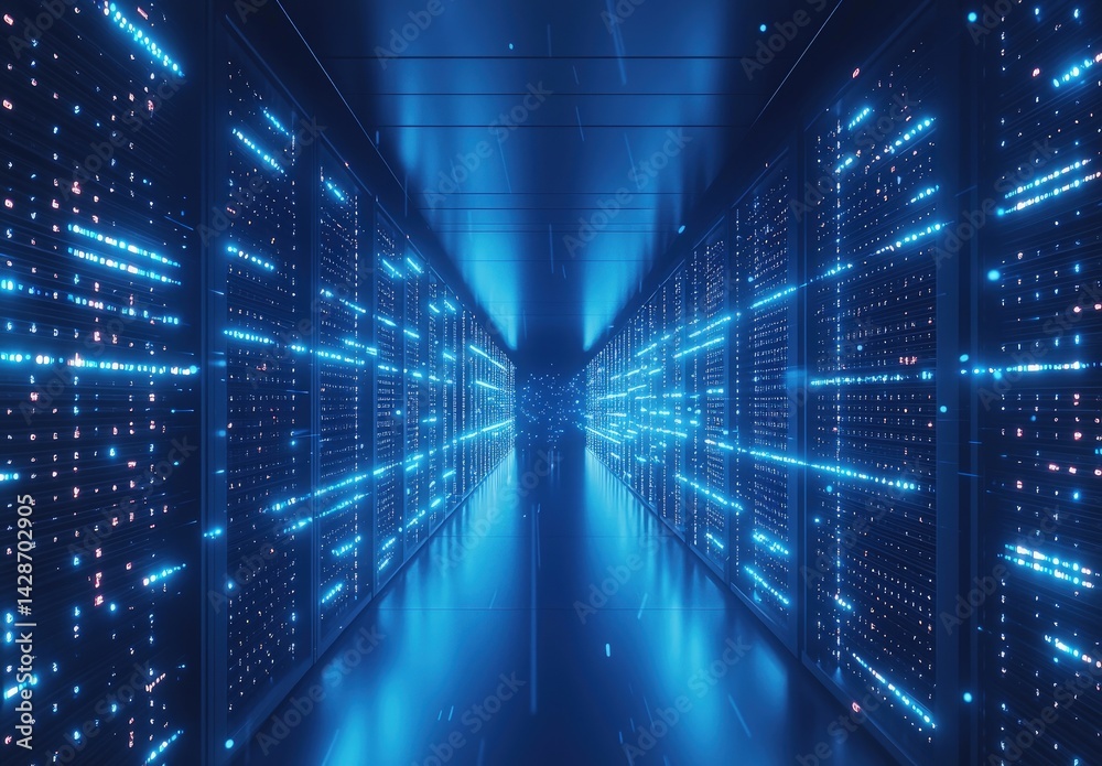 Poster futuristic data center hallway with rows of illuminated blue servers and digital light trails. great