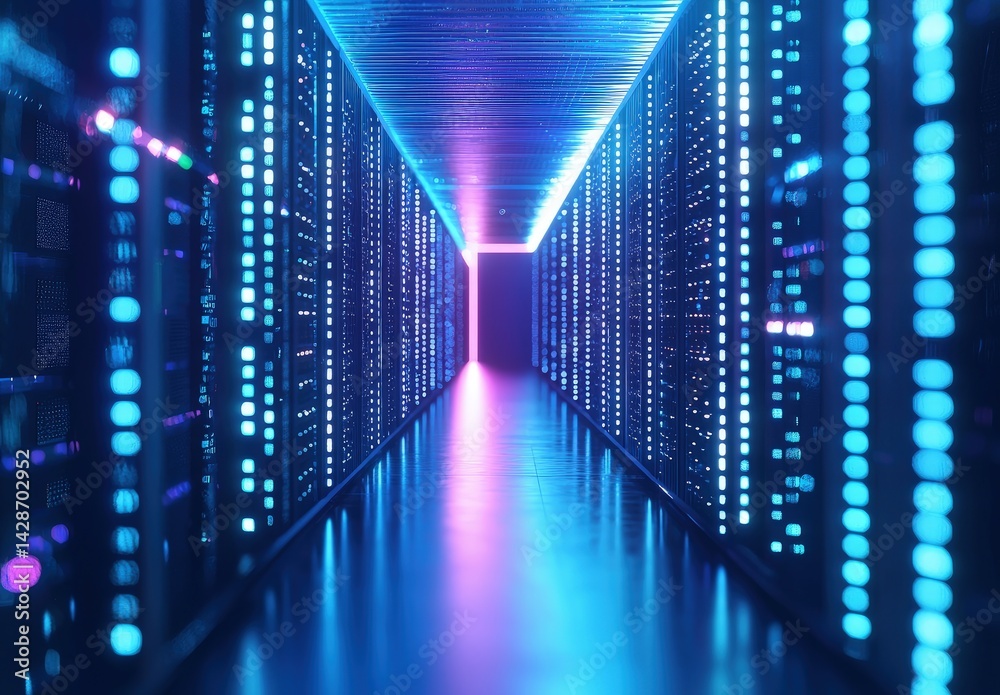 Poster High-tech server corridor with glowing blue and purple LED lights creating a vibrant futuristic atmosphere. Perfect for tech ads, cybersecurity visuals, or cloud computing themes