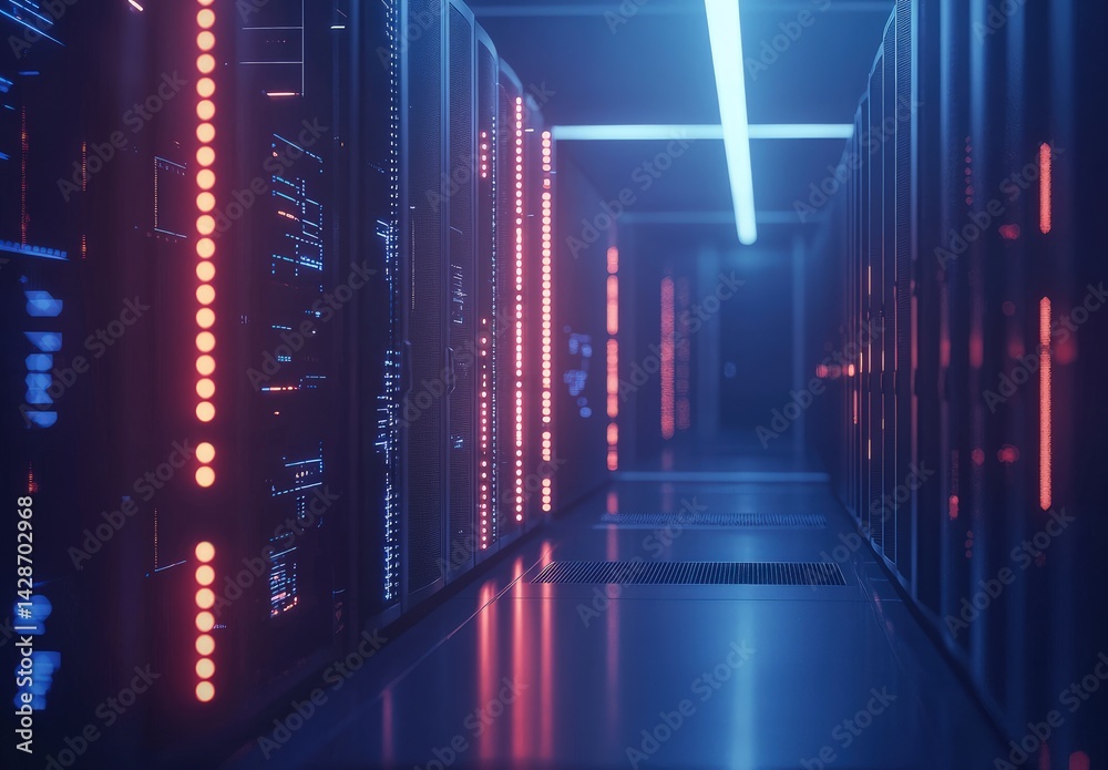 Poster futuristic server room with deep blue and red neon lights illuminating sleek racks in a quiet tech c