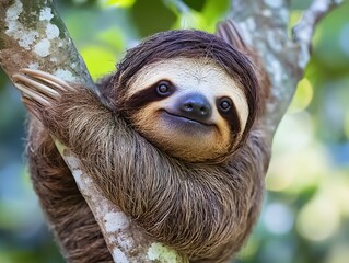 Fototapeta premium Smiling Sloth: A Serene Portrait in Lush Green
