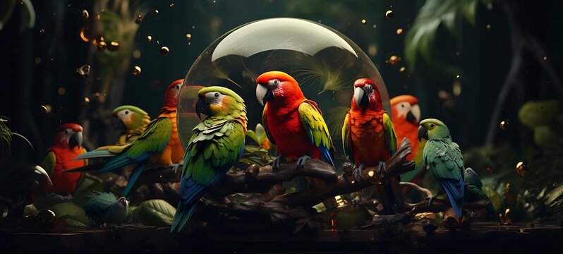Mini world of parrots in round magic protectorv