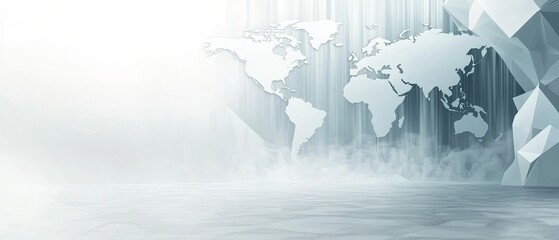 White world map with a foggy background and geometric structures in the foreground.