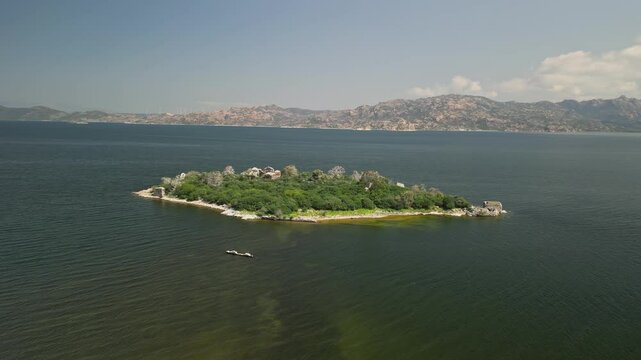 Half-circle flight over island on Lake Bafa in western Turkey