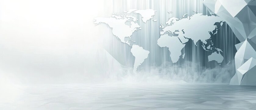 Fototapeta White world map with a foggy background and geometric structures in the foreground.