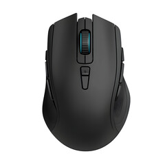 A 2D front view of a wireless gaming mouse, ergonomic design, smooth matte finish, visible side buttons