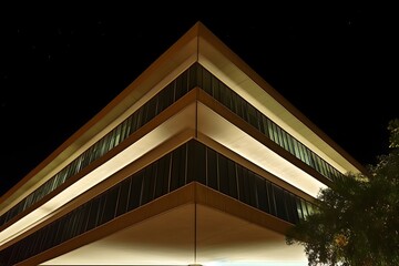 Illuminated corner of a contemporary corporate building at night, showcasing modern architectural design with strong geometric lines and warm light