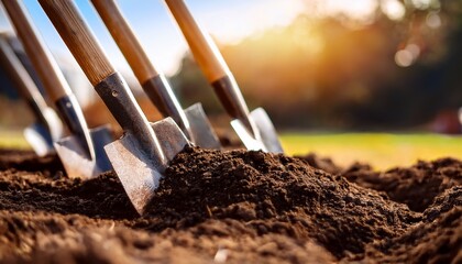close up of shovels digging into soil at a groundbreaking event