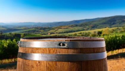 Fototapeta premium close view of the top half of a wooden barrel with metal hoops placed in the center of the image against a mediterranean countryside landscape advertising mockup space for products