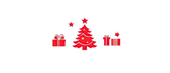 Red Christmas tree with stars and gifts on white background.