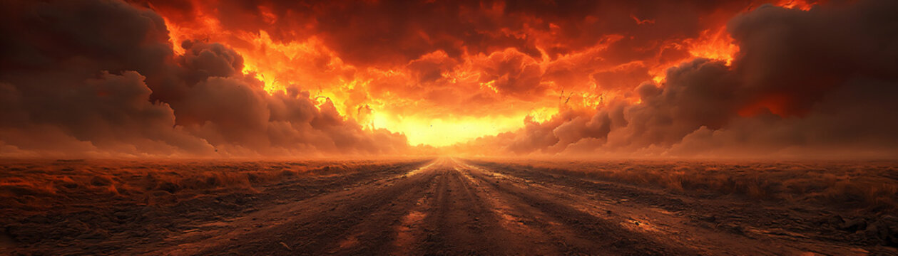 desolate road covered in ash under volcanic ash cloud and fiery sky,