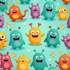 Naklejka premium Adorable monster characters in a cute seamless design, fun, cute, colorful