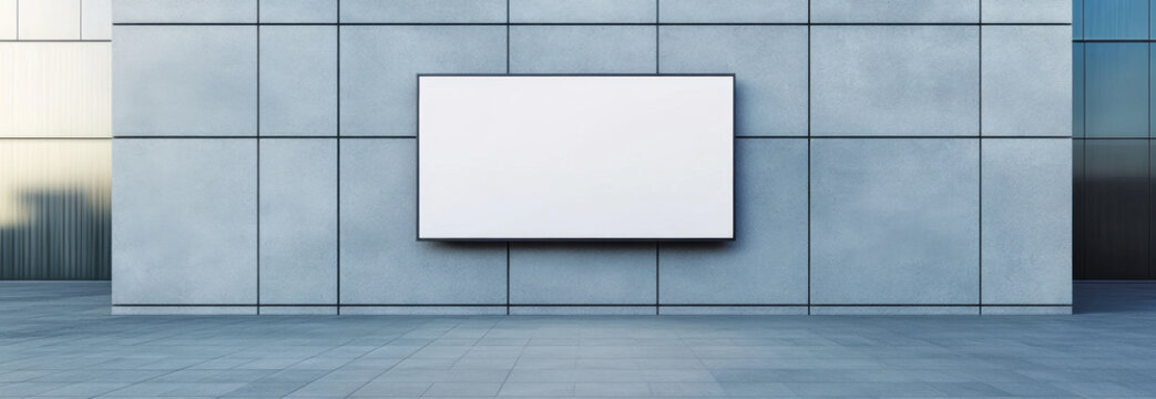 blank billboard is prominently displayed modern gray wall of contemporary building, showcasing clean and minimalist design. surrounding area features sleek lines and polished surface
