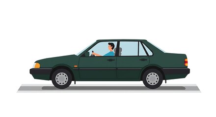 Obraz premium Illustration of a dark green sedan with driver on the road against white backdrop
