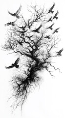 Fototapeta premium A striking black and white illustration of a tree intertwined with flying birds, symbolizing freedom and nature's beauty.