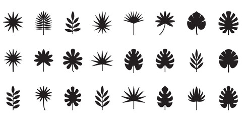 tropical black various style leaves silhouettes outline set