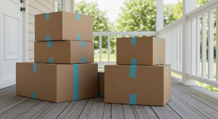 Cardboard Boxes Stacked on a Porch: Delivery, Moving, Packaging, Home Delivery Concept