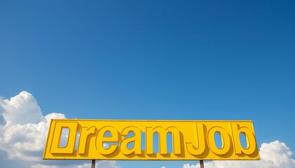 Fototapeta premium Bright yellow dream job sign against a clear blue sky with fluffy clouds, simple, yellow sign
