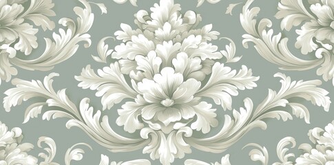 Stunning damask design with delicate white flowers against an olive green backdrop.