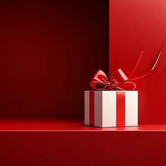Minimalist design showcases a 3D rendering of a gift box against a dark red backdrop.