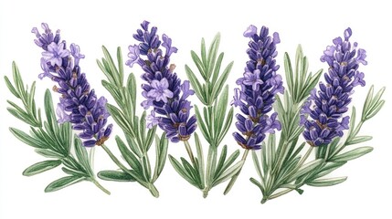 Watercolor painting of lavender sprigs with purple flowers and green leaves, isolated on white background.
