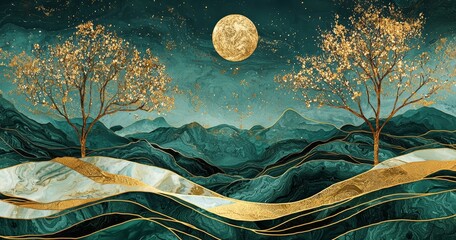 Stunning night landscape featuring a blend of blue, gray, green, and turquoise marble.