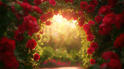 beautiful garden filled with vibrant red roses creates stunning archway, illuminated by soft sunlight. This enchanting scene evokes feelings of romance and tranquility