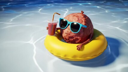 Cartoon meatball relaxing in a pool on a float with a drink under the sun